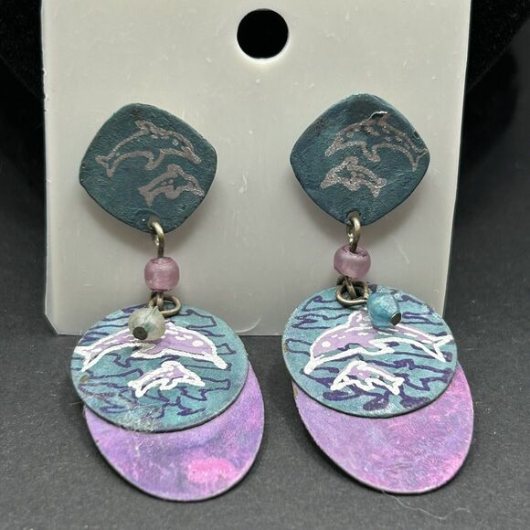 Vintage Turquoise Purple Metal Dangles Chain Dolphin Necklace Dangle Earrings - Picture 3 of 14